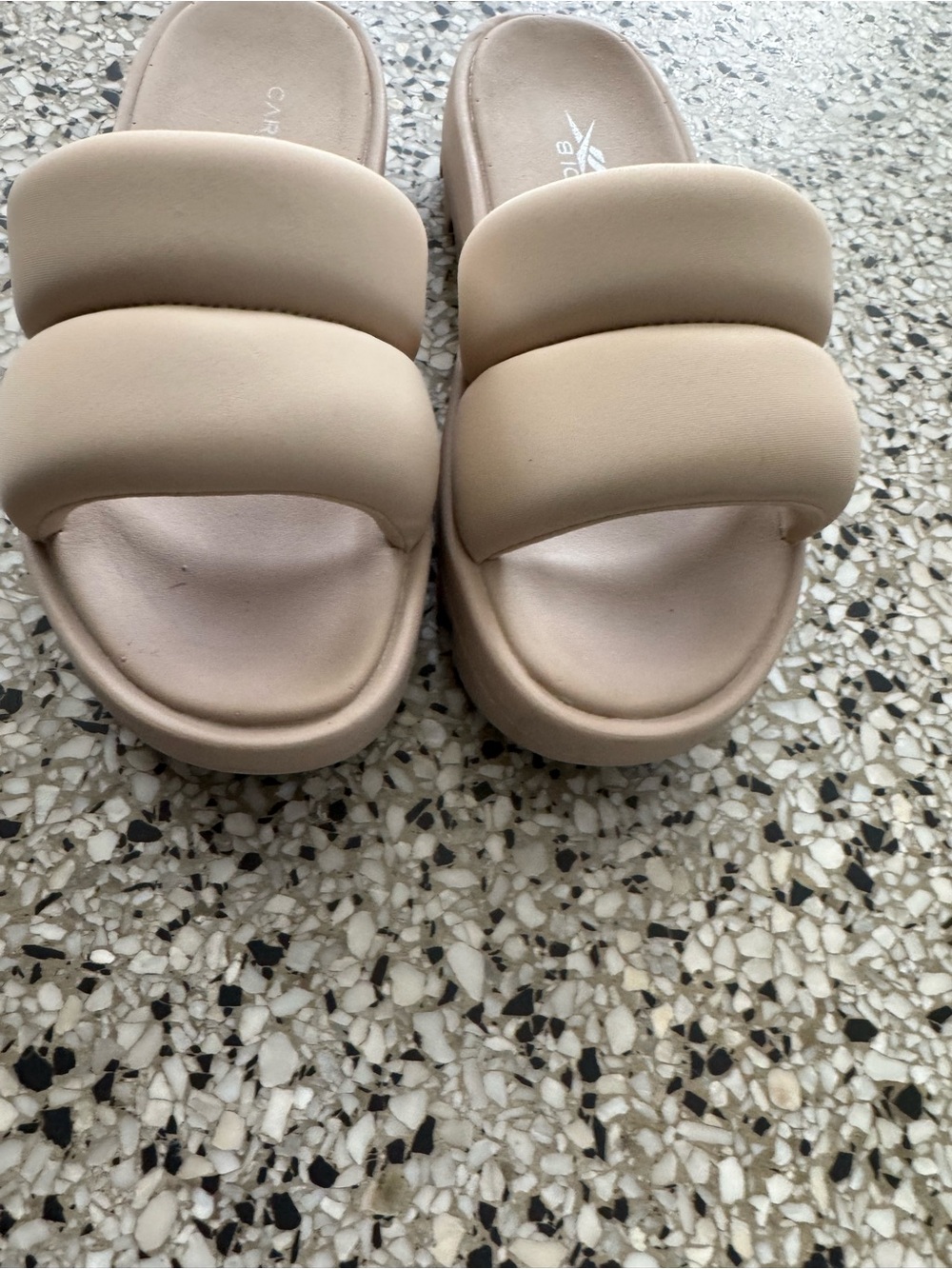 Cardi B Reebok Womens Padded Slide Sandals in Beige